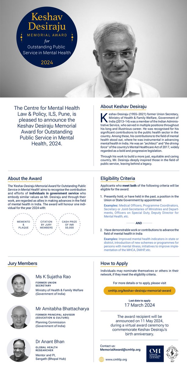 ✨ Applications for the Keshav Desiraju Memorial Award for Outstanding Public Service in Mental Health, 2024, are open till 17 March. Individuals may nominate themselves or others if they meet the eligibility criteria. Apply here: cmhlp.org/keshav-desiraj… #KeshavDesiraju