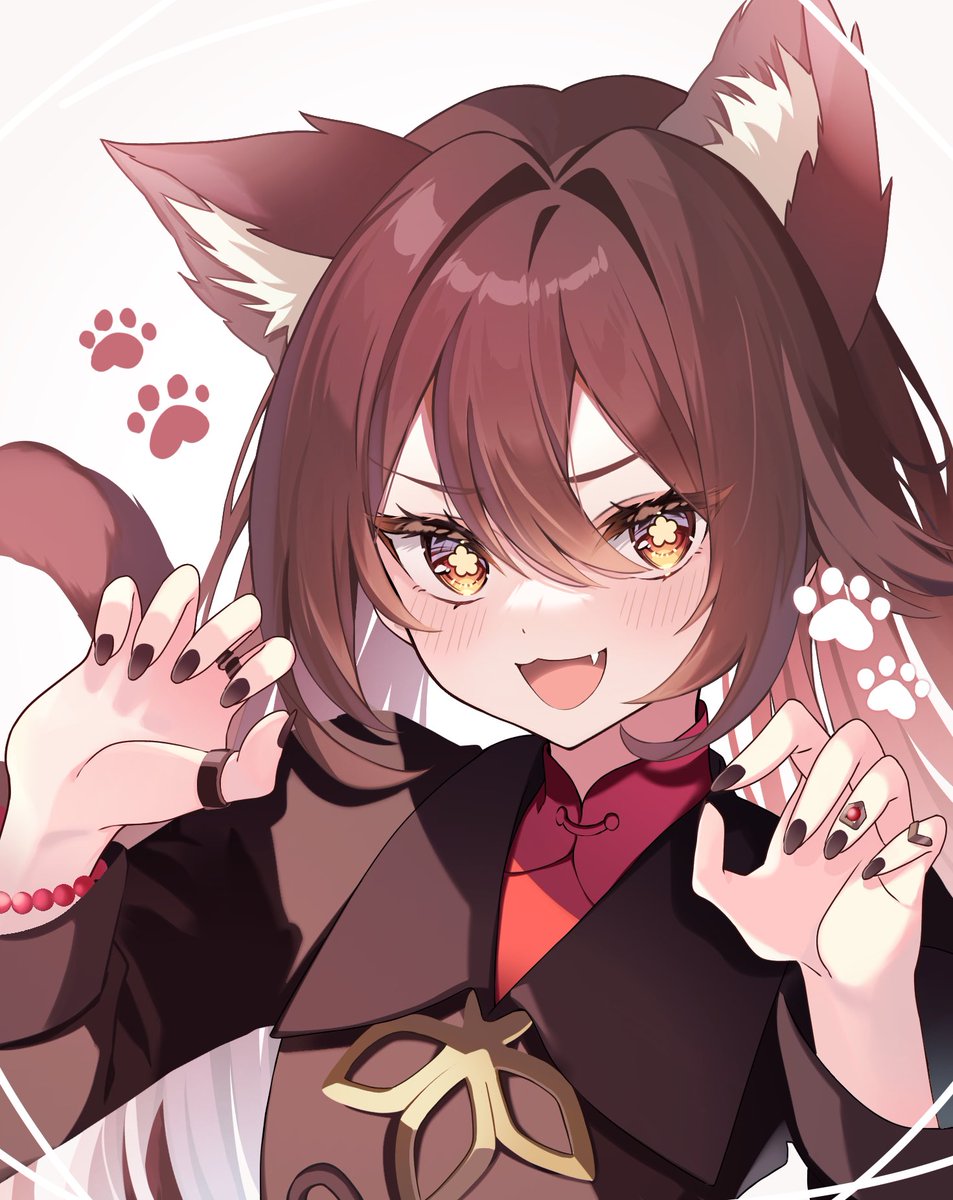 hu tao (genshin impact) 1girl animal ears cat ears brown hair solo tail cat tail  illustration images