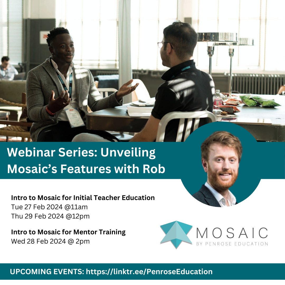 MosaicPenrose's tweet photo. Today we start a webinar series talking about how tech can help streamline the management of #iQTS #QTS #iPGCE #PGCE & #MentorTraining. @MosaicPenrose makes it easy for trainees, mentors, tutors & administrators all stay on the same page. Register Now https://t.co/pOLEPT1A5m https://t.co/QQpw3o00xY