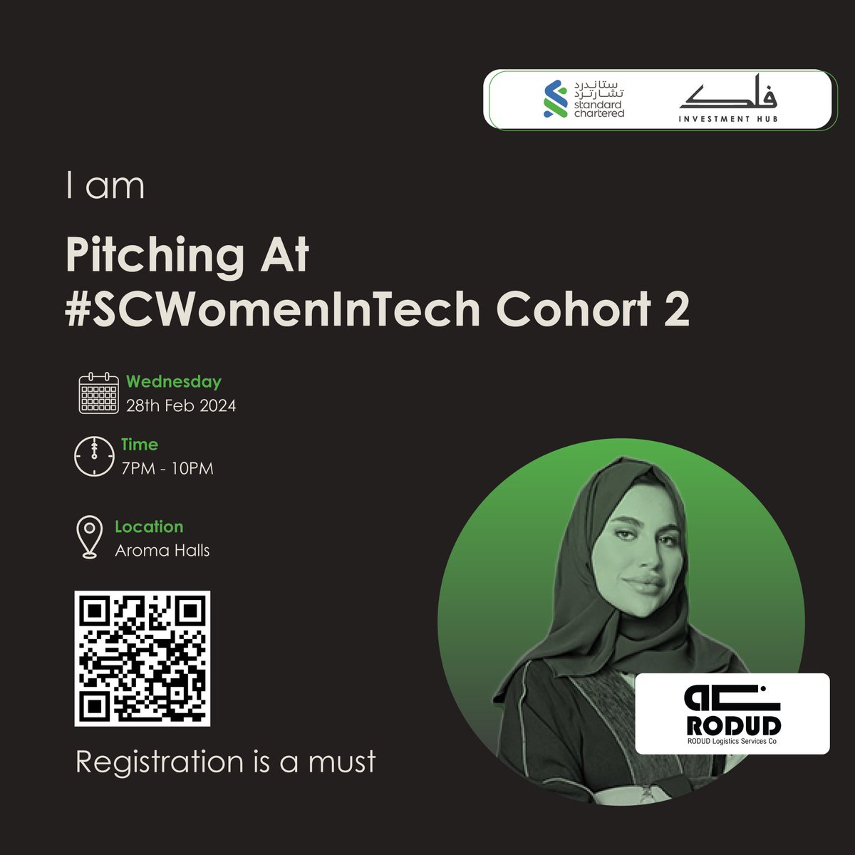 Exciting News! 📣

I'm thrilled to announce that I'll be pitching at the #Demo_Day for the #SCWOMENINTECH COHORT 2, It's been an incredible journey so far ! 🚀

Registration is a must. #FalakWIT #StandardChartered @Falak_Hub