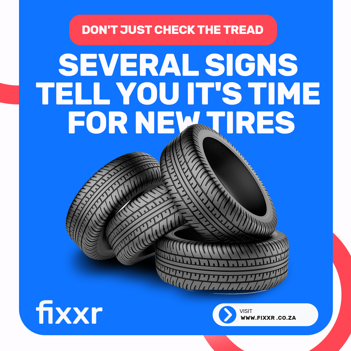 fixxrSA's tweet image. Worn tires? Don&apos;t just check the tread!

Here&apos;s when it&apos;s time for new ones:

* Age (6-10 yrs, regardless of mileage)
* Cracks or bulges (replace ASAP!)
* Uneven wear (get your alignment checked)
* Vibration (damaged tires!)

Invest in your safety &amp;amp; performance! #Fixxr