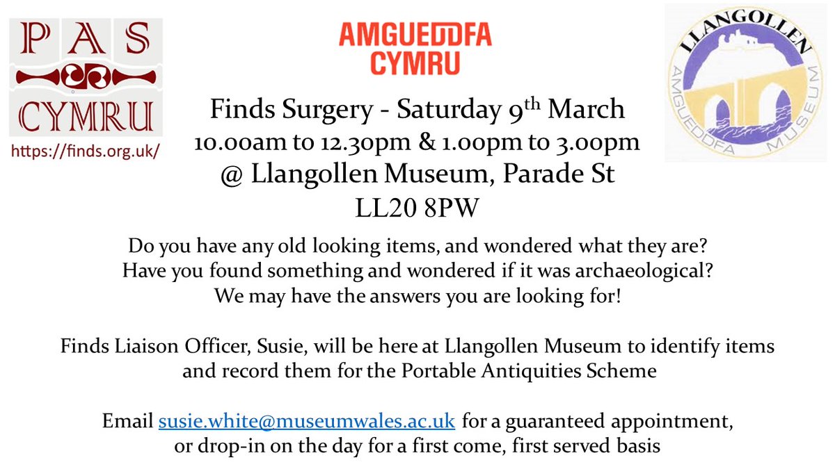 It's Finds Surgery time again - I'll be in sunny Llangollen on Saturday 9th March - why not come along and say hello #ResponsibleDetecting #RecordYourFinds @findsorguk