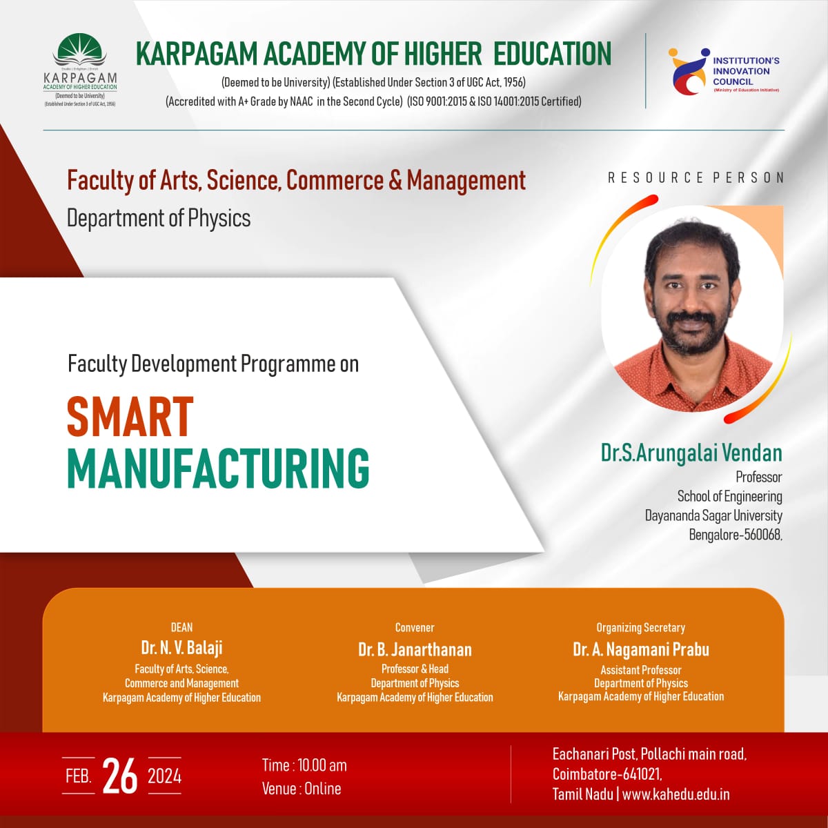 wekaheians's tweet image. The Department of Physics organised a Faculty Development Programme on "#SmartManufacturing" in February. Dr. S. Arungalai Vendan, Professor, School of Engineering, Dayananda Sagar University, Banglore, was the guest speaker for the program.
#DayanandaSagarUniversity #placement