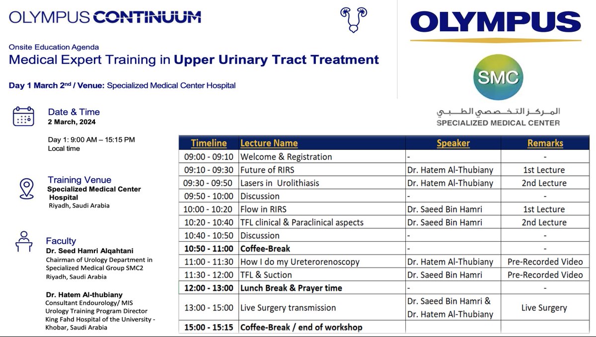 ⭕ Unique Laser WorkShop in Riyadh At Specialized Medical Center Hospital ⭕ Exclusively #RIRS: Flow / Laser Technology / Innovations ⭕ Saturday 2nd March 2024 ⭕ Lectures / Prerecorded Videos / Live Surgery @SMCH_Riyadh @PETRAurogroup @SaudiEndoUro @saudiurological @HThubiany