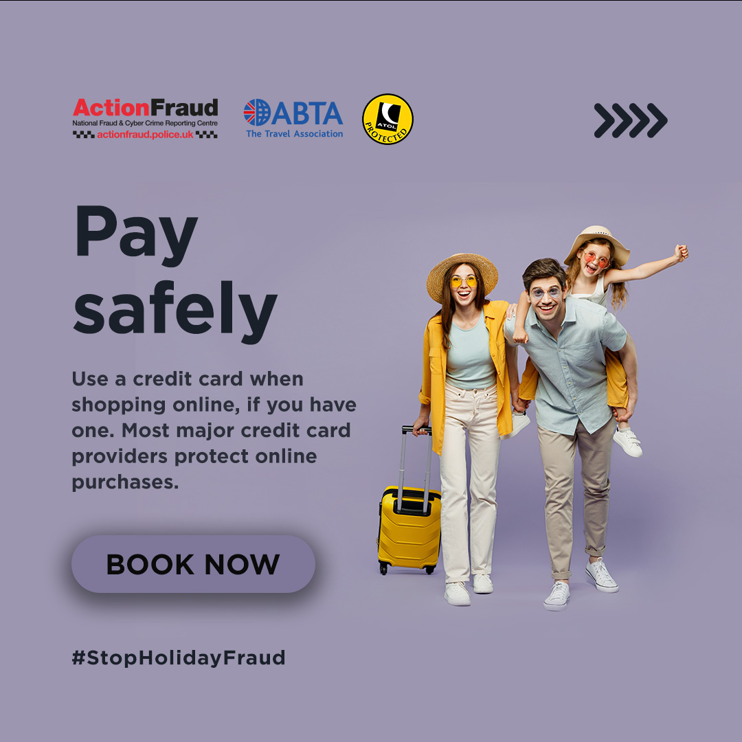 💳 Beware of bank transfer requests, never pay directly into a private individual's bank account. Whenever possible, pay by credit card if you have one. They protect online purchases. 

Stay safe while making payments online 💰

actionfraud.police.uk/holidayfraud

#StopHolidayFraud