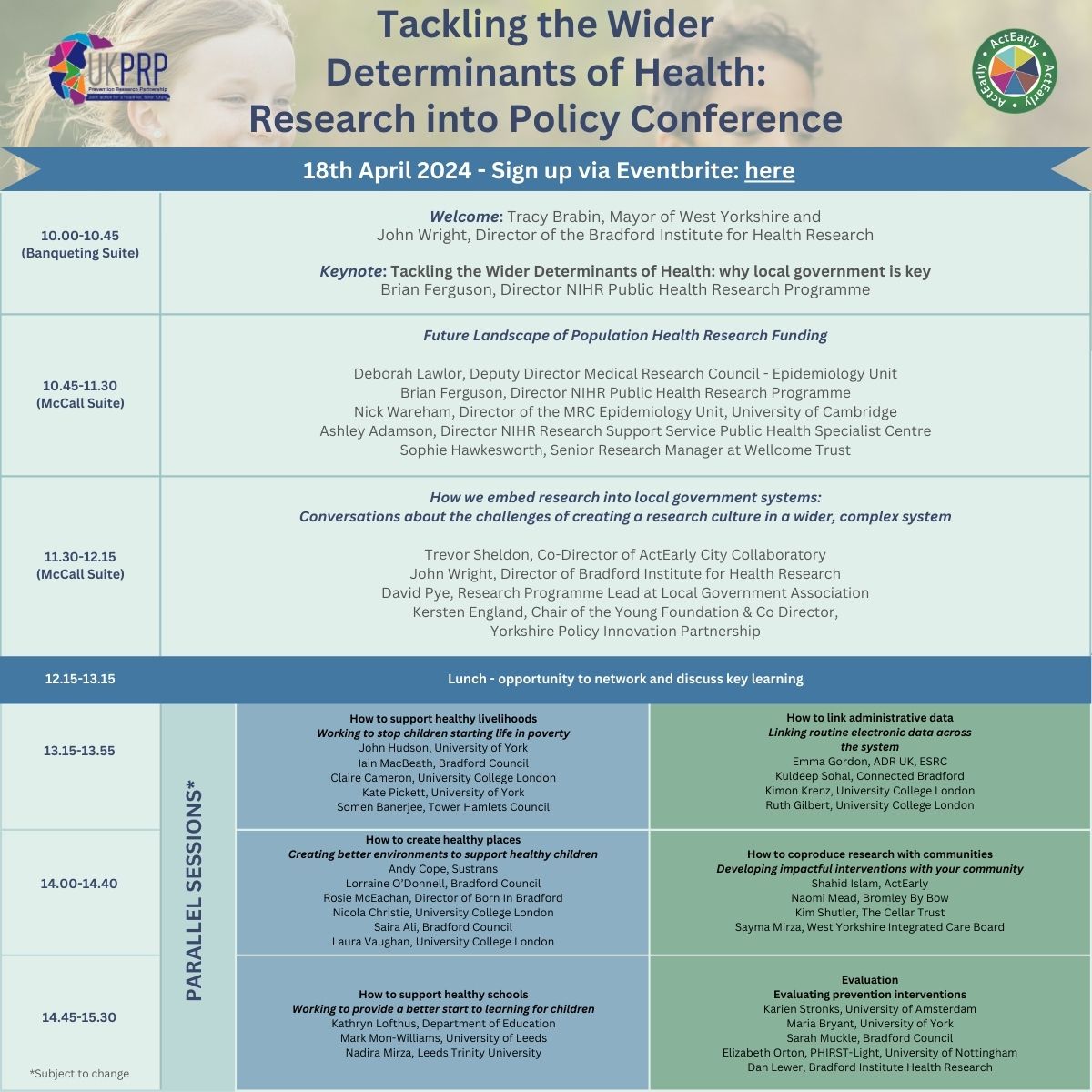 Pleased to be able to share our full day agenda for the ActEarly 'Tackling the Wider Determinants of Health' event. Our panel discussions offer an interesting and lively mix of voices.  Tickets here: eventbrite.co.uk/e/actearly-spr…