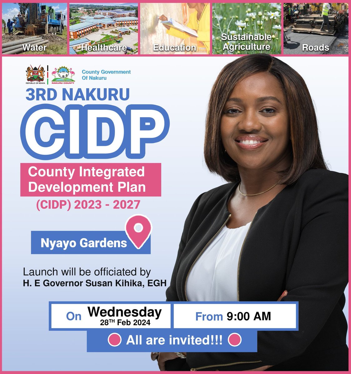 jilopakezra's tweet photo. Nakuru Governor H.E @susankihika  will launch the County Integrated Development Plan (CIDP) on February 27 Wednesday 28. Kshs. It's a great opportunity to learn more about the future plans for the County. https://t.co/6LkQZ8HUzO