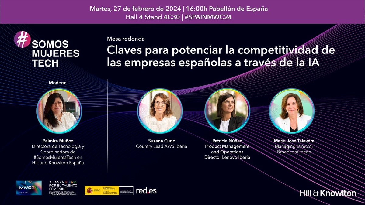 Hoy a las 16:00h en el #MWC2024,
<a href="/suzanacuric/">Curic Suzana</a>, <a href="/PatNunezS/">Patricia Nuñez</a>,y <a href="/TalaveraMaria/">Maria-Jose Talavera</a>, debatirán sobre las claves para potenciar la competitividad de las empresas españolas a través de la IA #SomosMujeresTech Modera por <a href="/palmimunoz/">Palmira Muñoz</a>
Os esperamos: spain-mwc.gob.es/contenidos-en-… <a href="/redpuntoes/">Red.es</a>