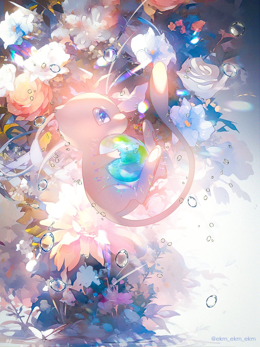 mew (pokemon) pokemon (creature) no humans solo flower blue eyes bubble twitter username  illustration images