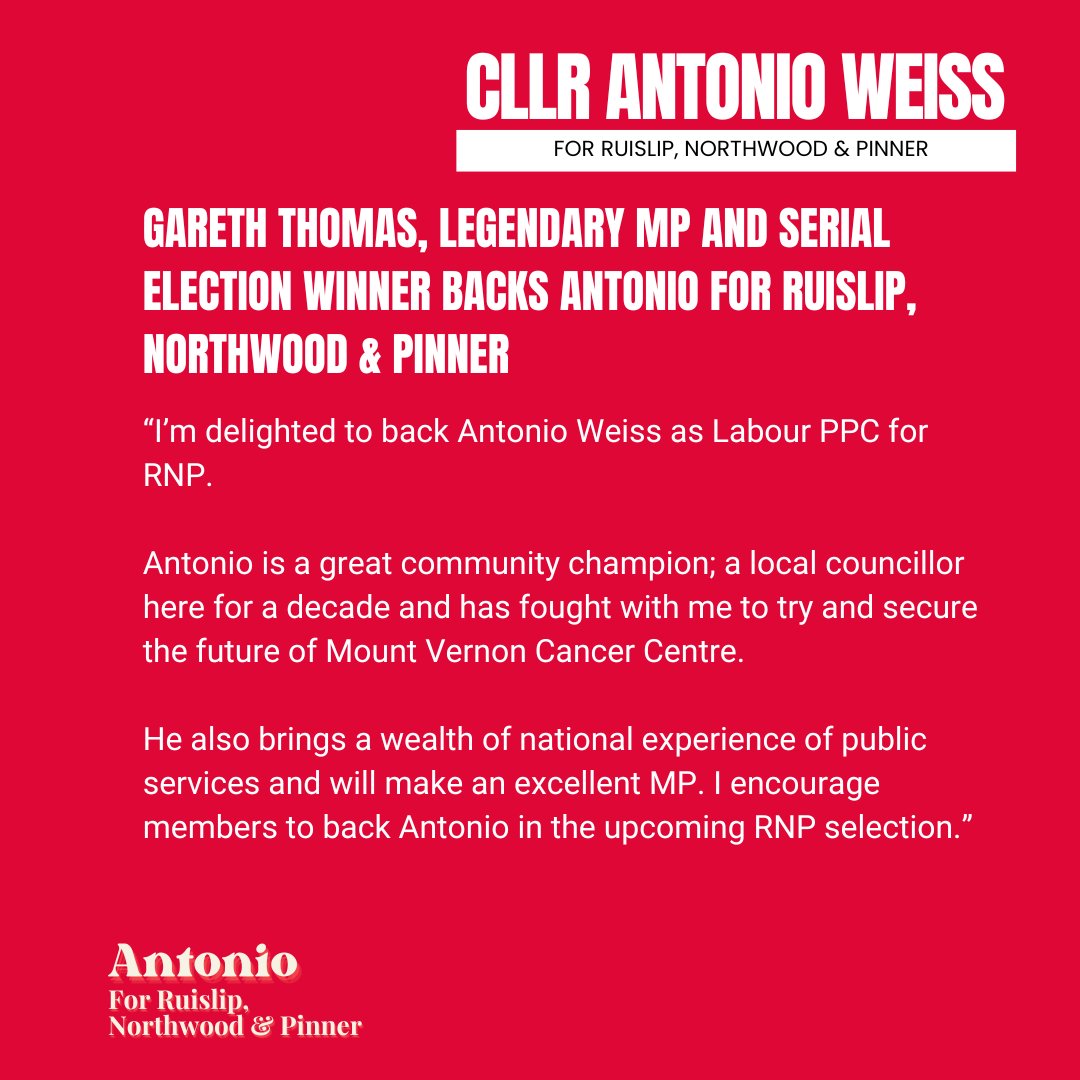 Gareth knows a thing or seven about winning. His victory in 97 was monumental - we believe history can repeat itself here in Ruislip, Northwood &amp; Pinner. I'm delighted to have his backing as PPC for RNP.