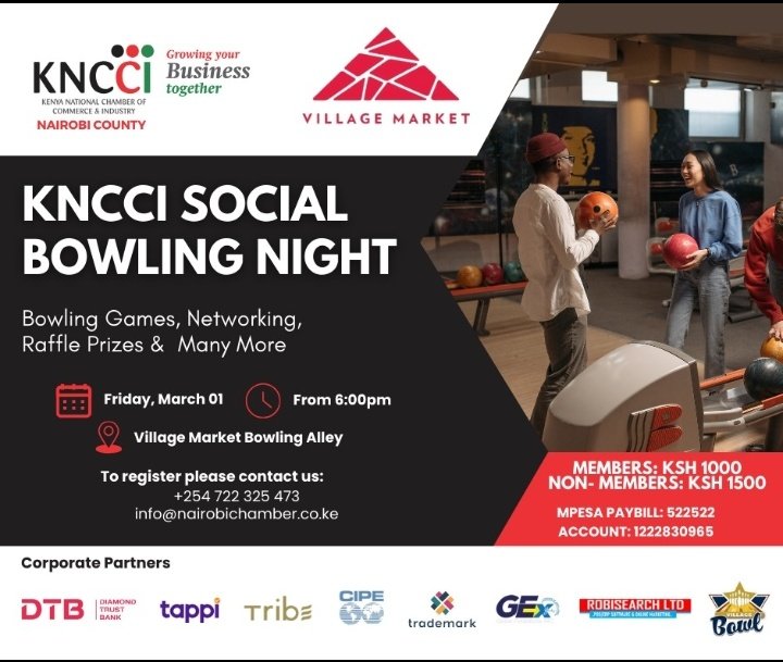Kathospikin's tweet photo. Register  and  enjoy a night full of networking,bowling and corporate presentation this Friday at 6pm at Village Market Bowling Alley
Registration :1000 for the members
1500 for non members
#KNCCIBowlingNight
Networking at VillageMarket
BowlAndBuild Connections
@NairobiChamber https://t.co/S6Wsd1tBOG
