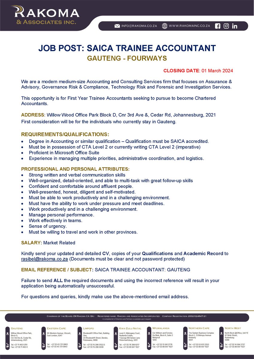 InfoAtRakoma's tweet photo. JOB POST: SAICA TRAINEE ACCOUNTANT #JobSeekersSA #JobAdviceSA #jobseekers #Followforjobs #HireMe #JobSeekersWednesday #recruitment #job #hiringprofessionals #jobopportunity #recruiting #Accounting #Accountants #Accountant #TraineeAccountant https://t.co/mb3ICxrY9h
