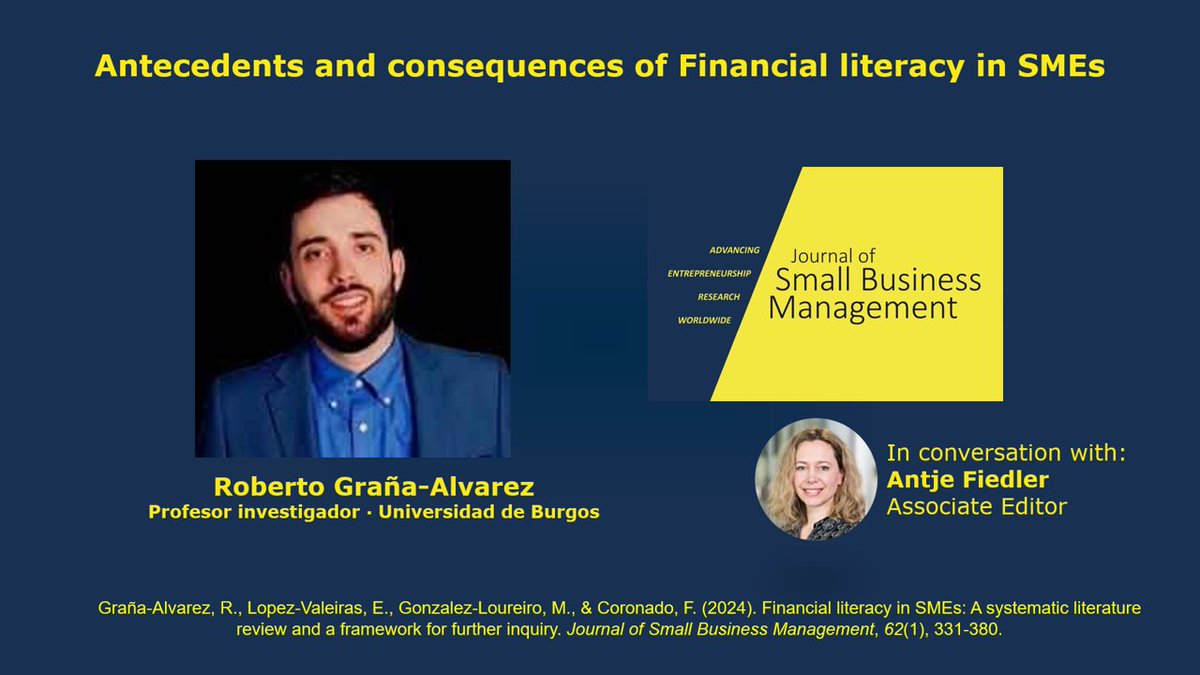 📢 Roberto Graña Álvarez reflects on the Antecedents and consequences of Financial literacy in SMEs, published in the Journal of Small Business Management🚀

📽️ Watch the video [5:36 min] youtu.be/ZqpEtJCBpBM

📄 Find the article here: doi.org/10.1080/004727…