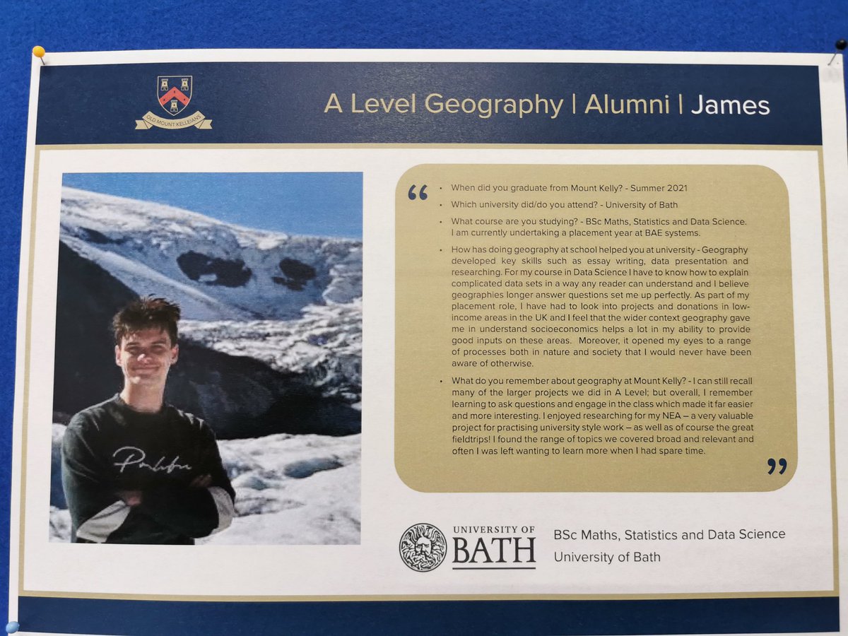 MountKellyGeog's tweet image. We now have a display of @Mount_Kelly recent Geography alumni in the classroom. Thank you Josie, Barnie, Izzy, Sophie, Bella and James for your contributions! Fantastic young, hard working people who were also brilliant students!