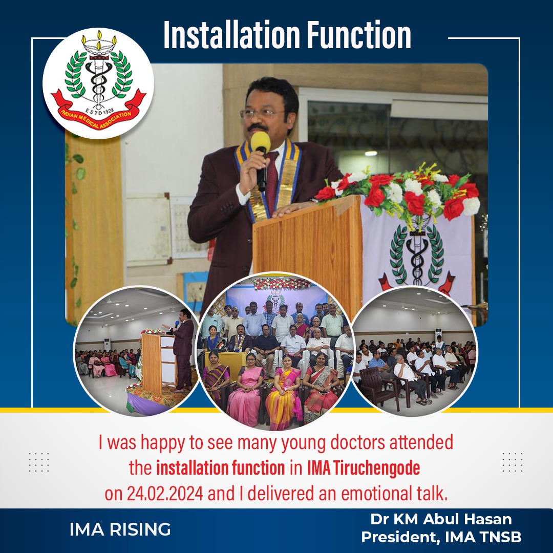 I was happy to see many young doctors attended the installation function in IMA Tiruchengode on 24.02.2024 and I delivered an emotional talk. 
IMA Rising- Dr KM Abul Hasan President, IMA TNSB
#imatnsb #IndianMedicalAssociation #indianmedical #doctors  #TamilnaduNews