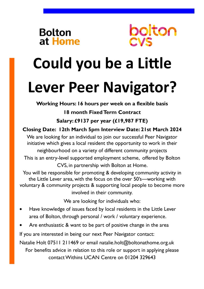 Bolton at home are looking for a Peer Navigator to work in partnership with Bolton CVS and Ourselves at Age UK Bolton! Get in touch with Bolton at Home to find out more about this exciting opportunity! Applications close 12th March at 5pm!