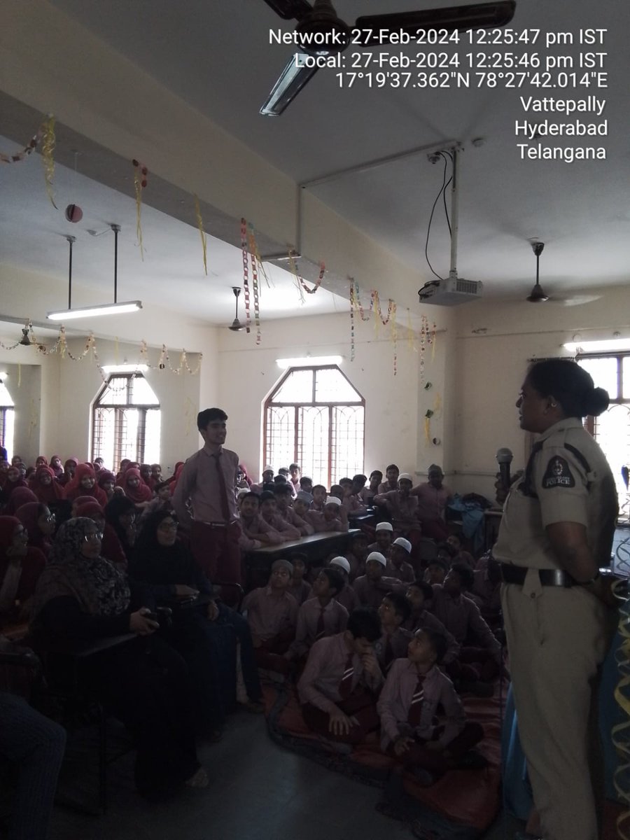 Falaknuma Police visited MANNU MODEL HIGH SCHOOL, conducting an awareness program on cybercrime, cyberbullying, and POCSO. Students were educated on protecting themselves from social hackers and ensuring online safety.