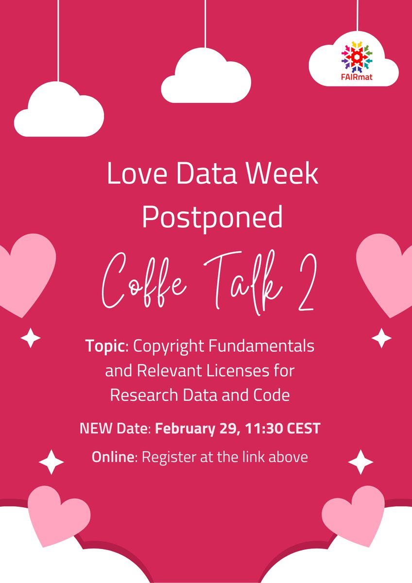 Do you need clarification about all those copyrights and licenses regarding your data? 🧾🧑‍⚖️
Join our talk we had to postpone during the Love Data Week 2024!
✍️Registration is open: events.fairmat-nfdi.eu/e/love_data_we…
#LoveData24 #copyright #RDM #FDM