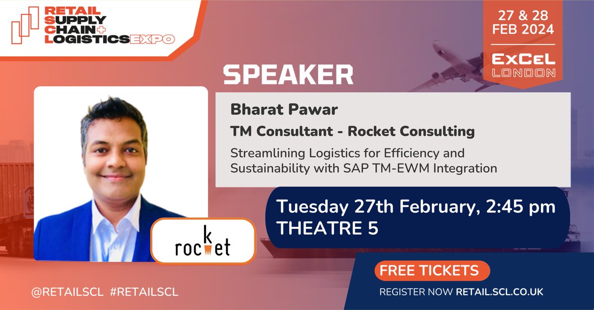 🚀 Will you join us at the @RetailSCL Expo 2024? Bharat Pawar steps in to present 'Unlocking Logistics Efficiency and Sustainability with SAP TM-EWM Integration.' Come and visit us at stand SC2950 on 27th and 28th February! Click here 👉hubs.ly/Q02md_LM0 #RetailSCL #dsc