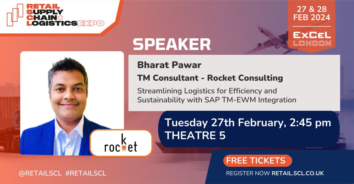 Rocket Consulting (@rocket_sap) on Twitter photo 🚀 Will you join us at the <a href="/RetailSCL/">Retail Supply Chain & Logistics Expo</a> Expo 2024?
Bharat Pawar steps in to present "Unlocking Logistics Efficiency and Sustainability with SAP TM-EWM Integration."
Come and visit us at stand SC2950 on 27th and 28th February!
Click here 👉hubs.ly/Q02md_LM0
#RetailSCL #dsc 🚀 Will you join us at the <a href="/RetailSCL/">Retail Supply Chain & Logistics Expo</a> Expo 2024?
Bharat Pawar steps in to present "Unlocking Logistics Efficiency and Sustainability with SAP TM-EWM Integration."
Come and visit us at stand SC2950 on 27th and 28th February!
Click here 👉hubs.ly/Q02md_LM0
#RetailSCL #dsc