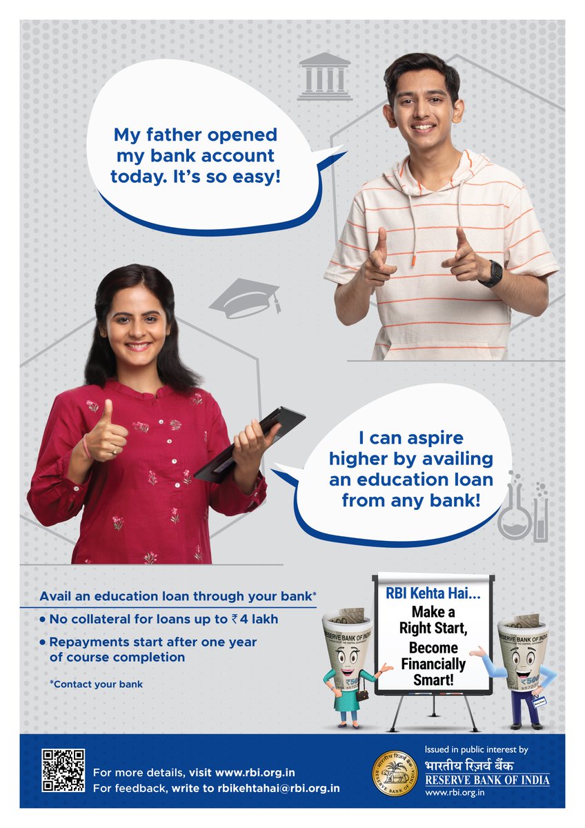 RBIsays's tweet photo. .@RBI Kehta Hai..                
Make a right start... Become Financially Smart! 
Open a bank account early-it's your first step towards securing an education loan when you aim high for your studies. 
#rbikehtahai #FinancialLiteracyWeek2024 https://t.co/pyZr3U9trH https://t.co/vTzgdTnY6R