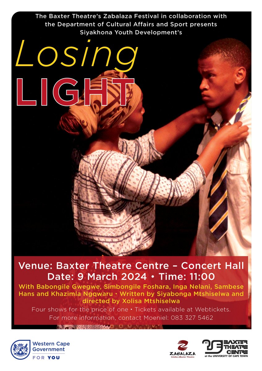 You can watch the winning productions of the Best of DCAS showcase on 9 March 2024 at 11:00 at the Baxter Theatre as part of the Zabalaza festival. Watch four shows for the price of one and get to see our talented youth in action! Tickets available at Webtickets.