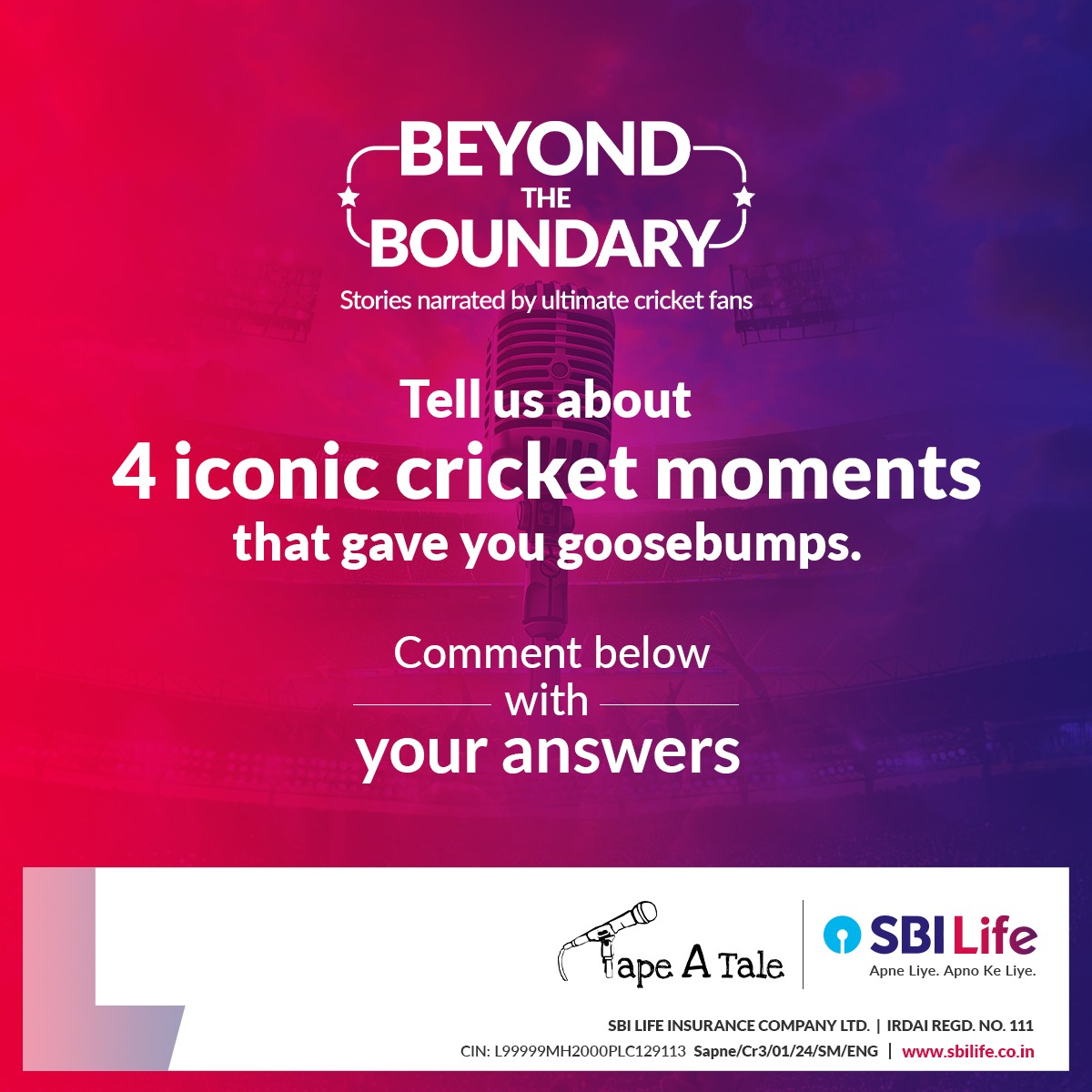 Just 4 days to go! Have you booked your tickets for #BeyondTheBoundary yet?

Visit bit.ly/3uDIYQP to do so today.

@tapeAtale #tat #Storytelling #SpokenWord #CricketTales #CricketStories #SportsNarratives #CricketCommunity  #SBILife #ApneLiyeApnoKeLiye