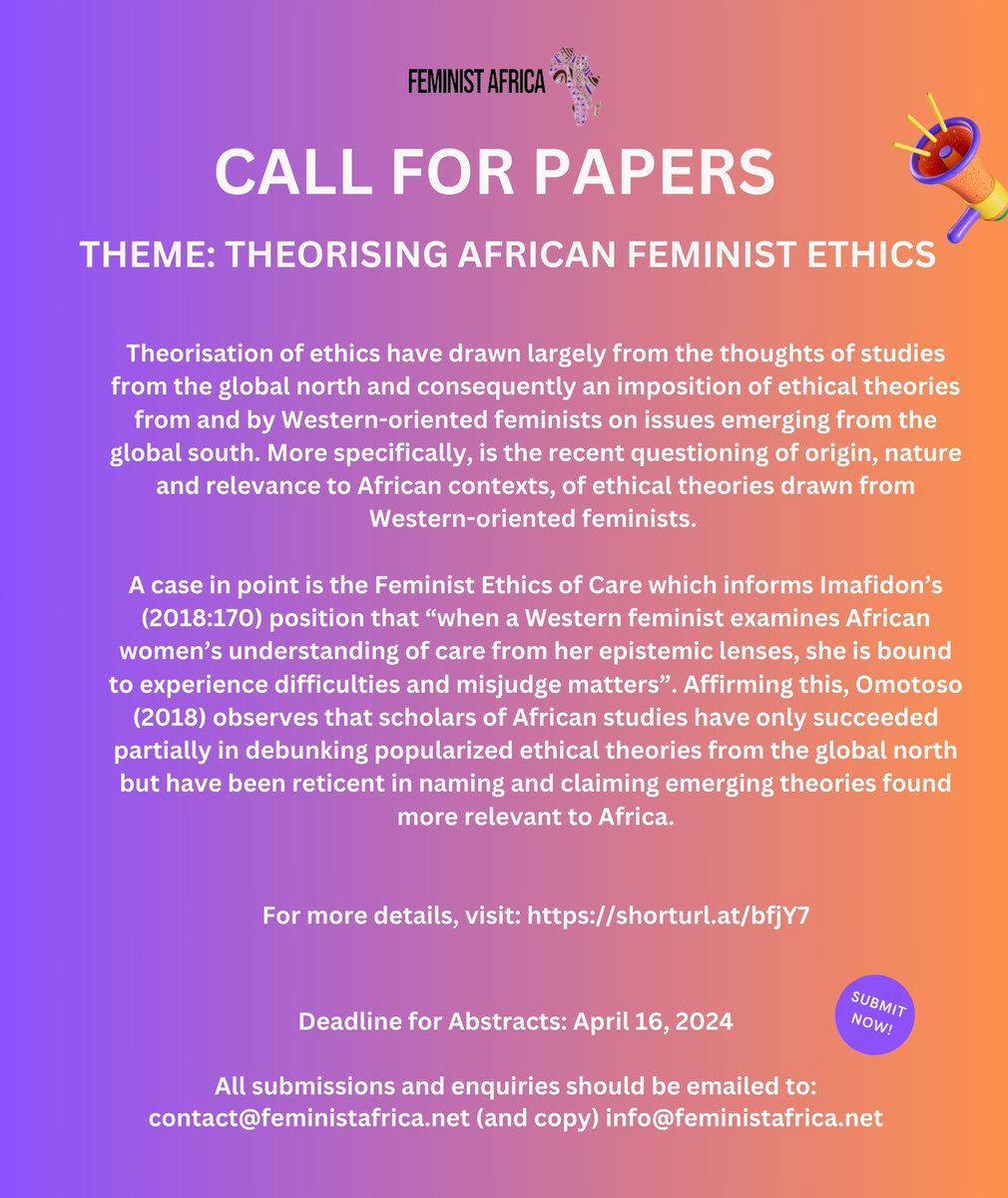 The FA Journal is Calling for Papers. Topic: Theorising African Feminist Ethics Deadline for Submission of Abstracts: April 16, 2024 Find out more details here: feministafrica.net/2024/02/15/the…