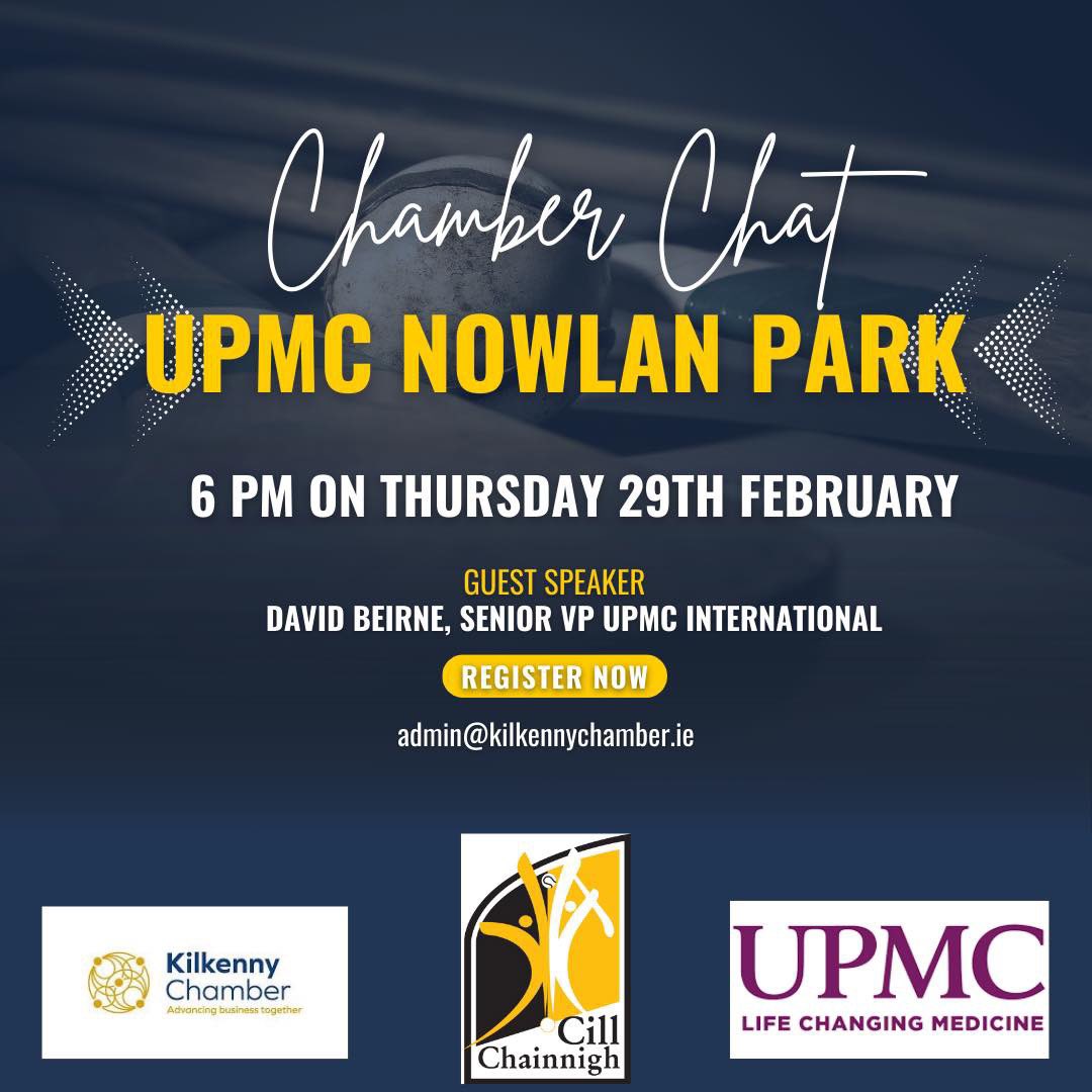 Our Chamber Chat is taking place on Thursday 29th February at UPMC Nowlan Park, where our guest speaker will be David Beirne, Senior VP, UPMC International. Enjoy a tour of the dressing rooms and other backstage areas of UPMC Nowlan Park. Email admin@kilkennychamber.ie