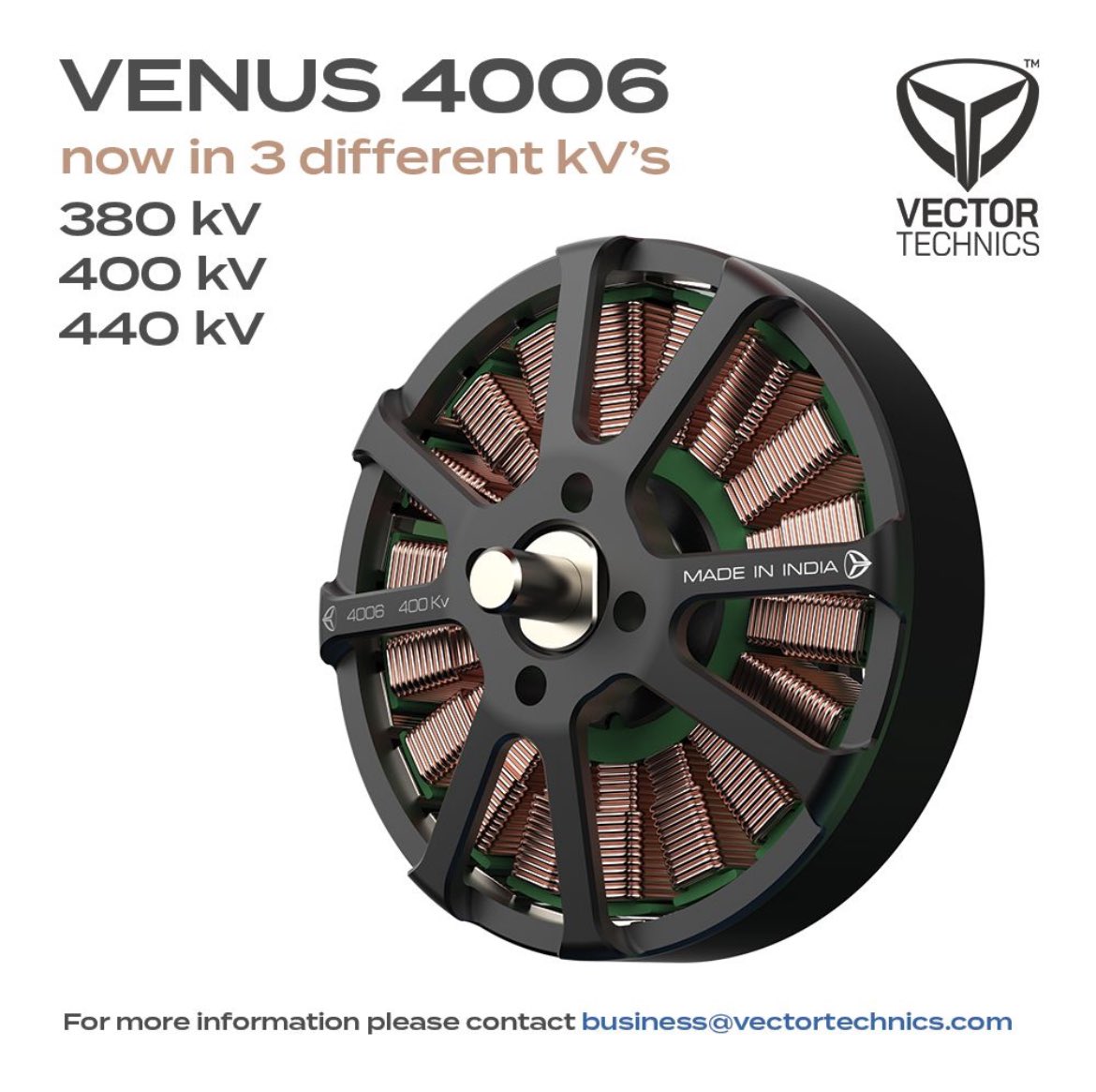 Our Venus 4006 BLDC Motor is now available for sale with three different kV Options: 380kV, 400kV, and 440kV. - Max Thrust: 2Kg - Smooth & Stable Flight - Robust Build - Versatile Compatibility For more info email: business@vectortechnics.com