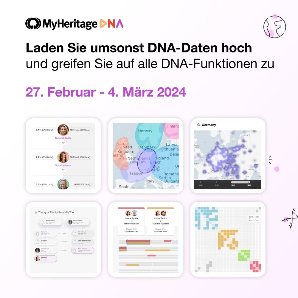 🧬 Bis 4. März: Lade Deine DNA-Daten GRATIS auf #MyHeritage hoch &amp; sicher Dir lebenslangen Zugang zu Ethnizitätsschätzungen &amp; mehr! Keine Gebühren, nur Entdeckungen. Mehr Infos unter ow.ly/ft6150QI9Ih #EntdeckeDeineWurzeln