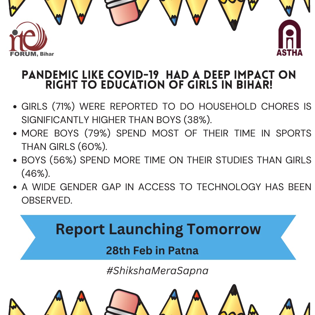 Right to education of girls with disabilities in Bihar! 

ASTHA's Campaign #ShikshaMeraSapna highlights the status of girls with disabilities in Bihar! 

Report launching tomorrow (28-02-24) in Patna! 
 
#ChildrenWithDisabilities   #DisabilityInclusion 
#EducationForAll