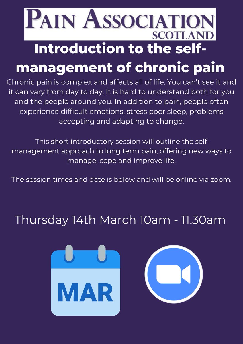 Our next Introduction to the Self-Management of Chronic Pain session is in March. The session is open Scotland wide and is via Zoom. Details 👇 Sign up 🔗 bit.ly/3uQ9o1D @NeilClark74 @MacgCass @NBritPain @Fraserbellahp @PaulCameronPain @ClaireC_PT