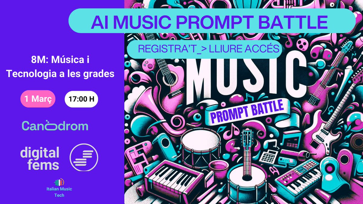 Cuenta atrás para la IA Music Prompt Battle o cómo crear musica con IA colectivamente, con megacracks como <a href="/shoegazerstella/">Stella</a> <a href="/giuliapinsyl/">Giulia Silvestri</a> @IT_MusicTech  o <a href="/roserbatlleroca/">roser batlle roca</a> de <a href="/mtg_upf/">MTG-UPF</a> 
⚡️ Aprende a crear prompts musciales⚡️
#8M 
#WomenInMusicTech
bit.ly/Canodrom8M