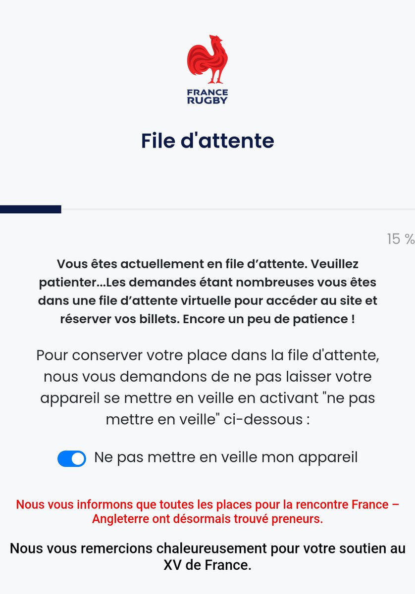 Azl_FR's tweet image. Félicitations @FranceRugby pour cette nouvelle démonstration de votre incompétence.
Connecté à 7H sur le site. Déconnecté à 9H57 sans aucune raison pour être placé en file d'attente (dernier évidemment). À 15% à 11H44 et annonce du guichet fermé.
