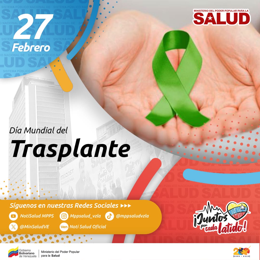 Cada #27Feb se conmemora el Día Mundial del Trasplante, una fecha propicia para promover y sensibilizar  sobre la importancia de la donación como una acción que salva vidas y mejora la calidad de otras.
#JuntosPorCadaLatido
<a href="/NicolasMaduro/">Nicolás Maduro</a> 
<a href="/MagaGutierrezV/">Magaly Gutiérrez Viña</a>
