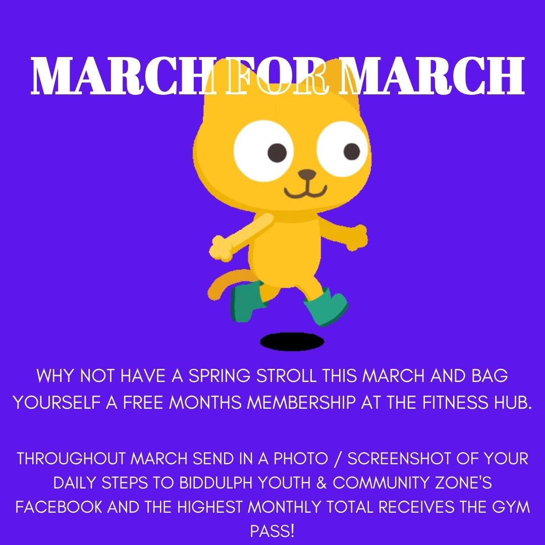 Our March for March is back! Send a screenshot of your daily steps at the end of March and the highest step count will win a free month membership at The Fitness Hub. The Fitness Hub is open to ages 14 and up, so all welcome to join in. Good luck all🚶 #BYCZ #marchformarch