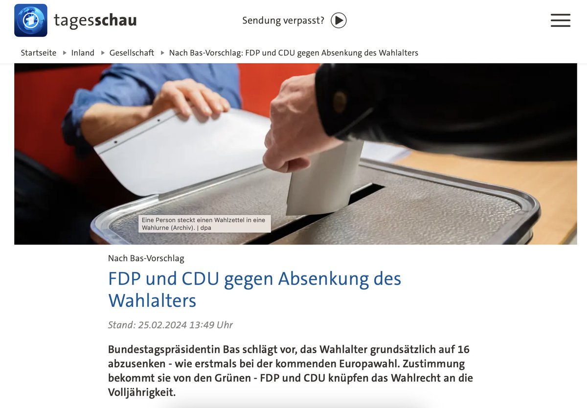 Liebe @tagesschau, die FDP ist für die Absenkung des Wahlalters auf 16 Jahre. Das wurde auf dem Bundesparteitag der FDP mit großer Mehrheit beschlossen und im Bundestagswahlprogramm der FDP erneut bekräftigt. Die Überschrift ist also falsch.