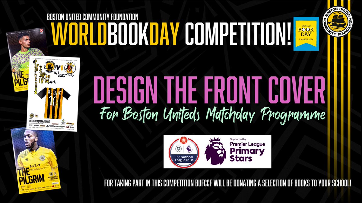 Calling Boston United community's young artists & book lovers! Design our Matchday programme cover for World Book Day. Schools joining get a FREE collection of books. Contact alex.pexton@bufc.co.uk to get involved. Let your imagination shine!