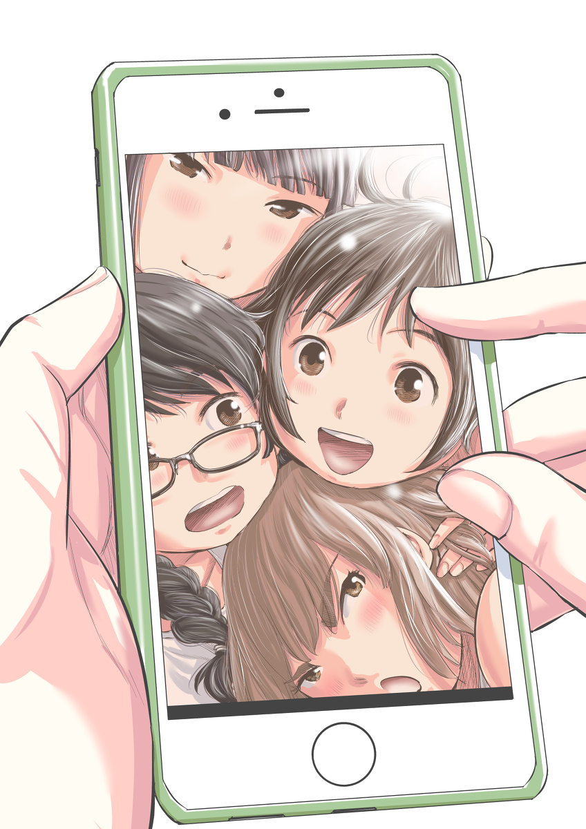 「16話目カラーイラスト。5年前なのでスマホがちょい昔ぽいですね。 」|村岡ユウ（もういっぽん！マンガクロス4/6）のイラスト