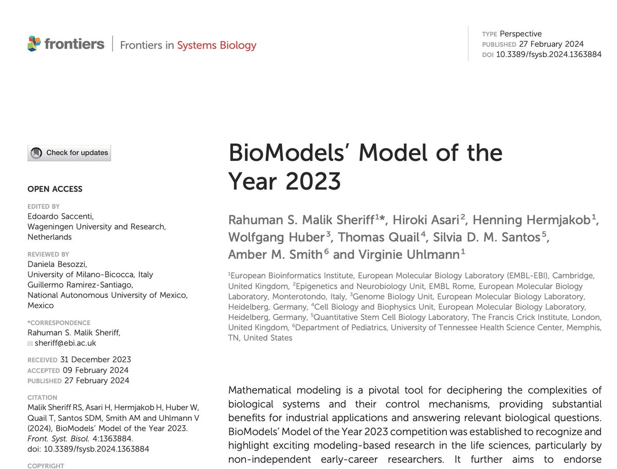 🌟 Our article on the  Model of the Year 2023 is out! Check out the winners' innovative work in #FrontiersinSystemsBiology: doi.org/10.3389/fsysb.… 🏆

Dreaming of having your model in the spotlight? ☀️ Apply now for MOY2024 
ebi.ac.uk/biomodels/comp…

⌛️Deadline: 29th Feb 2024!