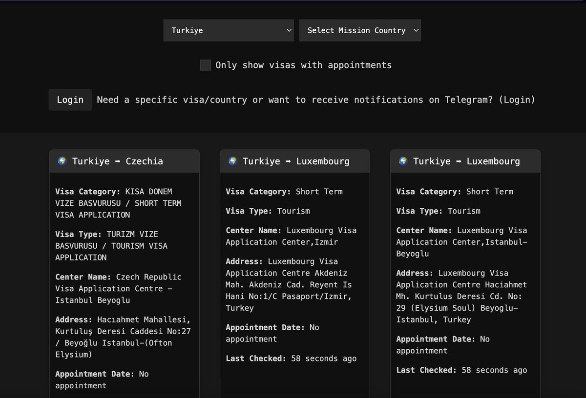 Schengen vize randevusu bulamayanlar için çok işe yarayacak bir site buldum. Başvuru yapacağınız yere göre filtreleyip, hangi ülkelerde randevu için boşluk var sürekli kontrol ediyor. Dilerseniz Telegram üzerinden de bildirim alabiliyorsunuz.  

schengenvisaappointments.com
