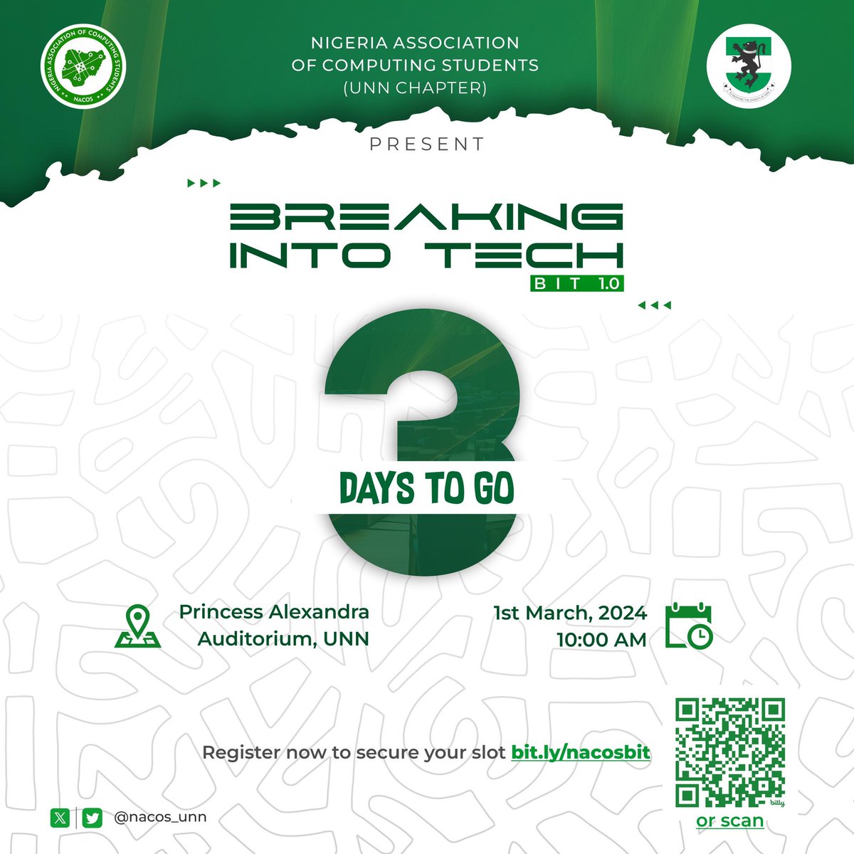 3 days to #BIT1.0 😎

Hope you've registered 😏
Oya 👇
bit.ly/nacosbit

See you on Friday

#BreakingIntoTech
#NACOSUNN