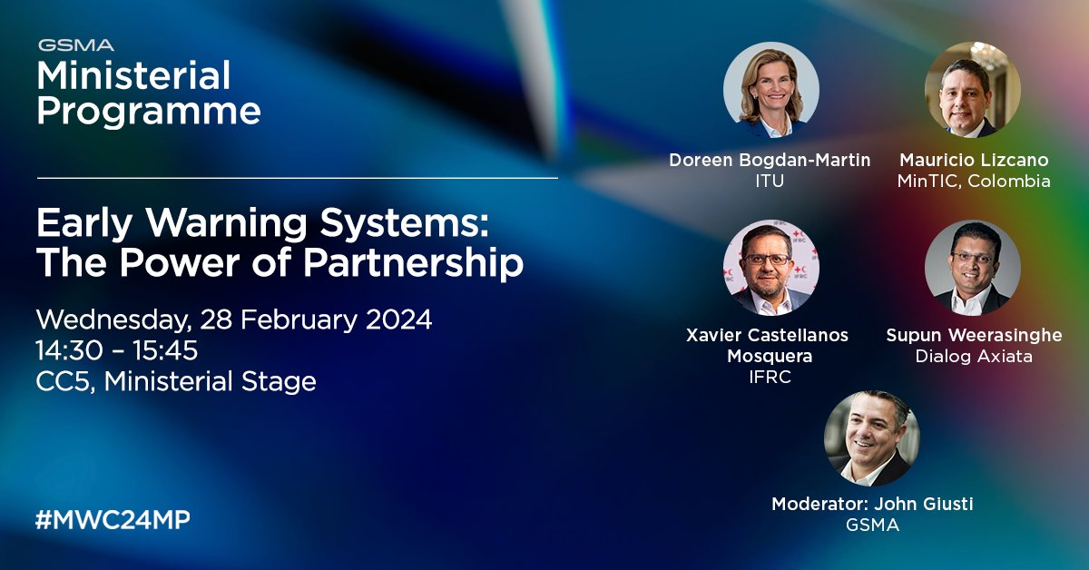 Are you at #MWC24? Join our discussion tomorrow exploring partnerships in action that are contributing to <a href="/antonioguterres/">António Guterres</a>' ambition for everyone in the world to be protected by an early warning system by 2027.

Find out more: ow.ly/UB0650QIa5H