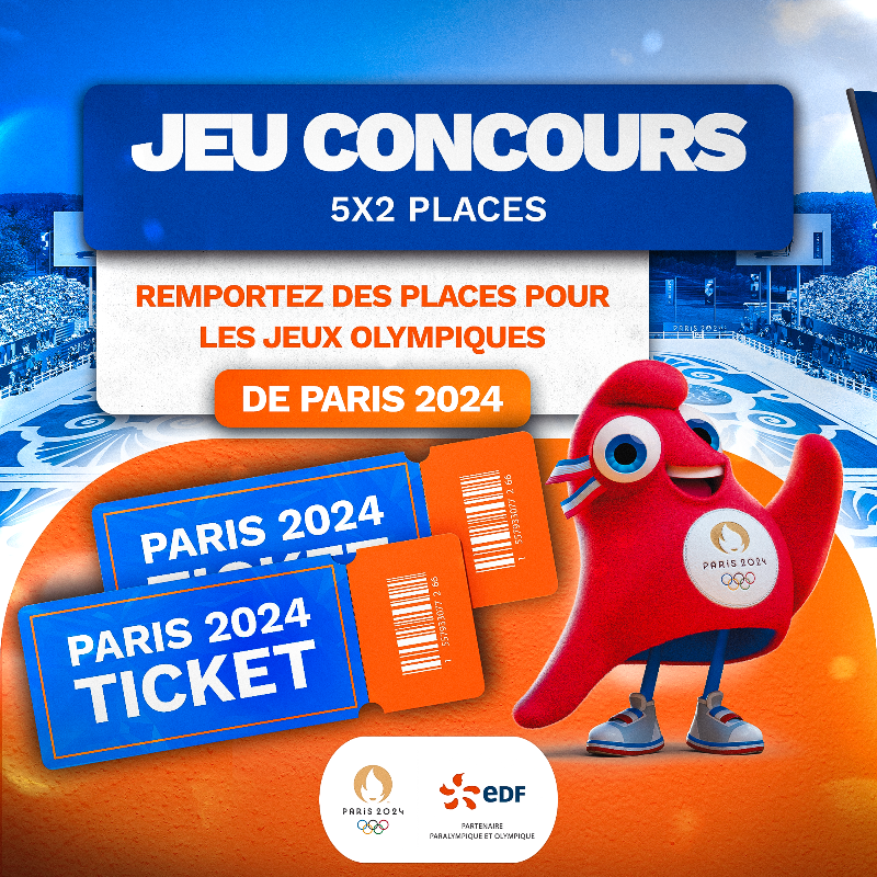 EDF_Sport's tweet photo. 🎁 JEU CONCOURS 🎁

Vous rêvez d'assister aux Jeux Olympiques de Paris 2024 ? 🤩 On vous propose de remporter 5️⃣x2️⃣ places pour cet événement 🔥

Pour participer :
✅ Follow @energiedusport
✅ RT ce tweet

TAS le 11/03 à 16h ⚡ Bonne chance à tous 🍀 #EnergieduSport #DLDJuil