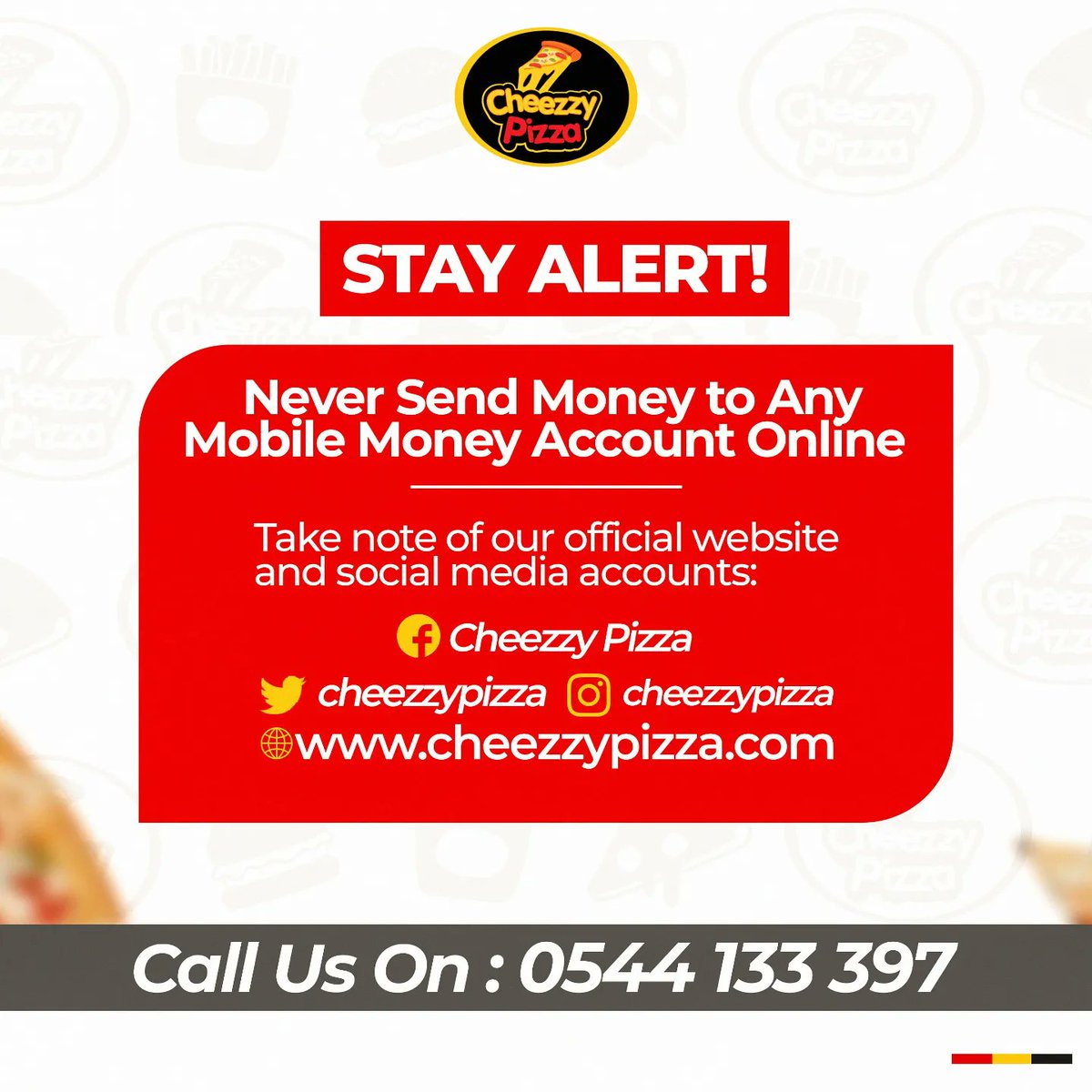 Buy & get ONE FREE promo is available this Tuesday and Wednesday Promo covers small (GHc 98) and large pizzas (GHc 198) only Call 0544 133 397, DM us or click the link in our bio to order via Cheezzy App