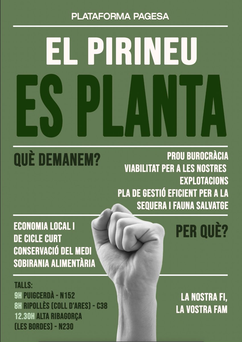 Defensem l'activitat econòmica filla de l'esforç i la perseverança,

Defensem la supervivència i el dret a la feina digna,
De qui amb la seva implicació fa que aquesta terra ens garanteixi la sobirania alimentària.

Defensem la #revoltapagesa i les seves justes reivindicacions.