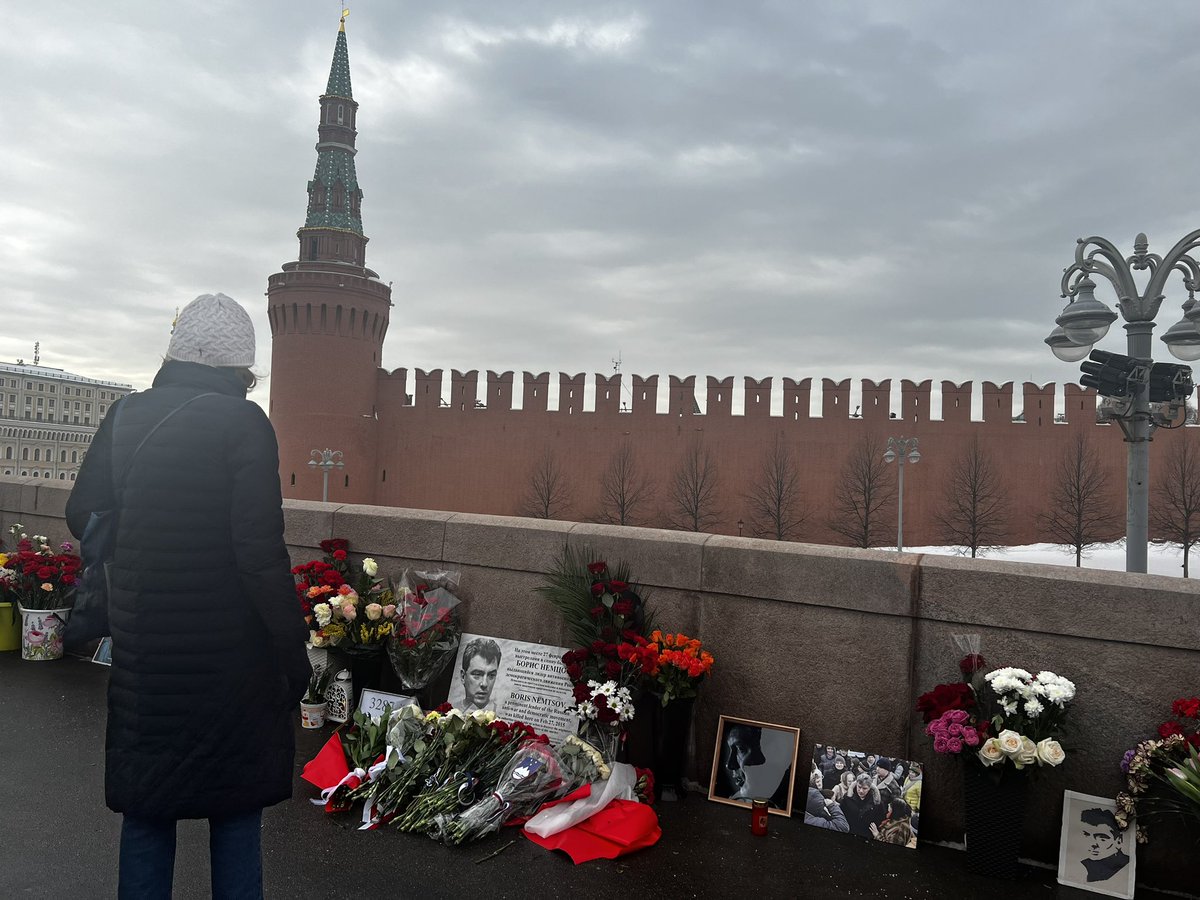 On a bridge near the Kremlin, flowers in memory of Boris Nemtsov. The Russian opposition politician was murdered here nine years ago today.
