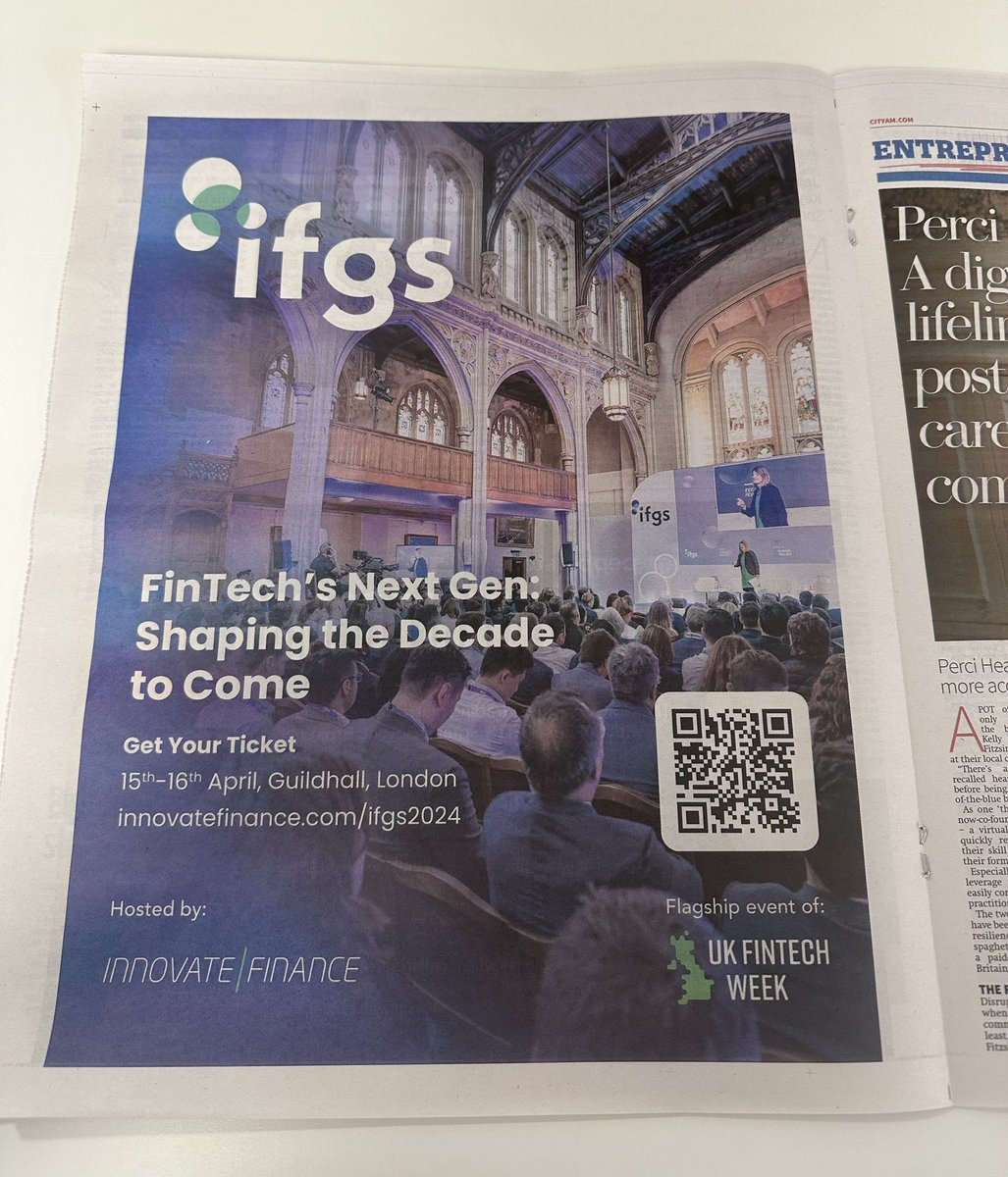 A great way to start the day with #IFGS featured in today’s paper 💪🗞️
Thank you to our media partners <a href="/CityAM/">City A.M.</a> 🤝🌟
Secure your ticket here👇
🔗 innovatefinance.com/ifgs2024/
#IFGS2024 #FinTech #FinTechEvents #InnovateFinance #CityAM