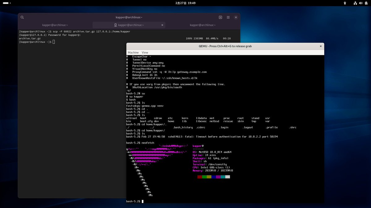 kapper1224's tweet image. Qemu上のNetBSDにSCPファイル転送

NetBSD側ユーザー追加、/etc/ssh/ssh_configを編集、#PasswordAuthentication yesのコメントアウト

Qemu起動時に-net user,ipv6=off,hostfwd=tcp::60022-:22 へ修正し60022をQemu上の22に

scp -P 60022 archive.tar.gz 127.0.0.1:/home/kapper

でscp接続転送